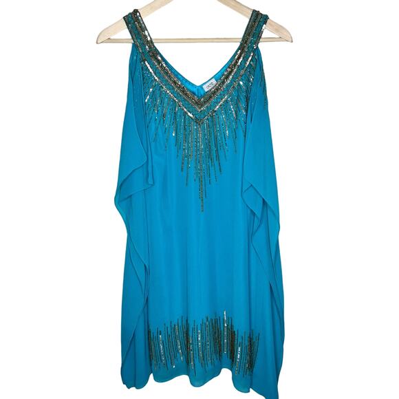 Vintage Cache Dress 4 Blue V-Neck Sequin Beaded Drape Flutter Shift Party 90s - Picture 1 of 8